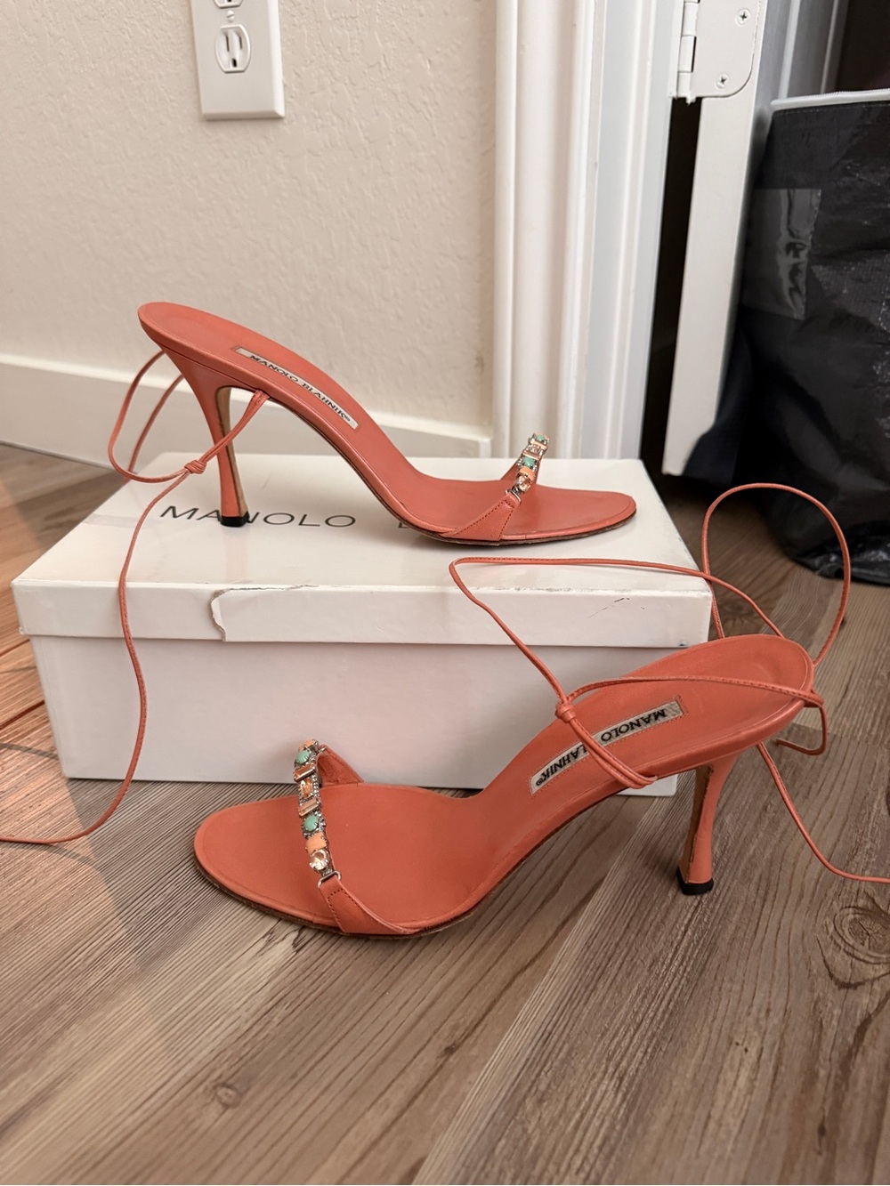 Manolo Blahnik Coral Gem-Accent Strappy Heels
